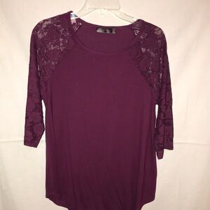 Shiela Rose Burgundy Women’s Blouse with Floral Lace Sleeves - XL